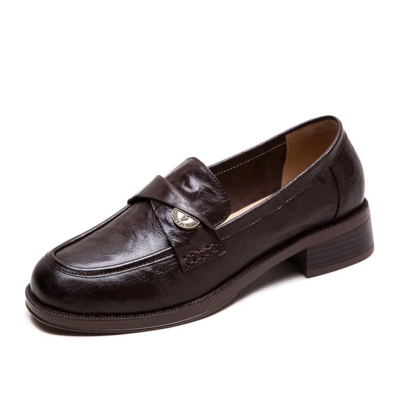 Women Leather Casual Low Block Retro Loafers