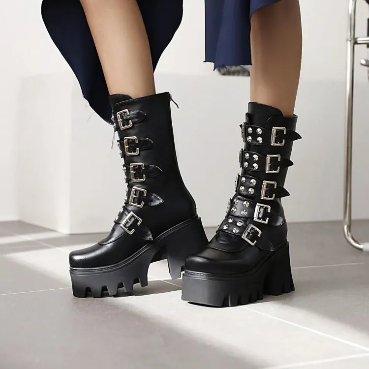 Women mid calf buckle strap chunky platform motorcycle boots