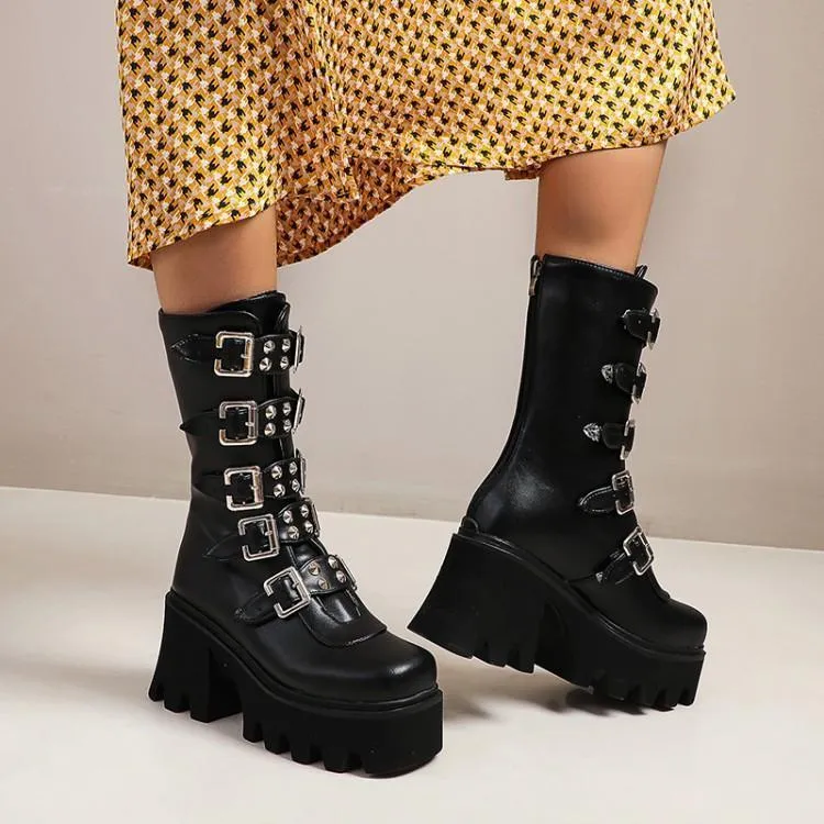 Women mid calf buckle strap chunky platform motorcycle boots