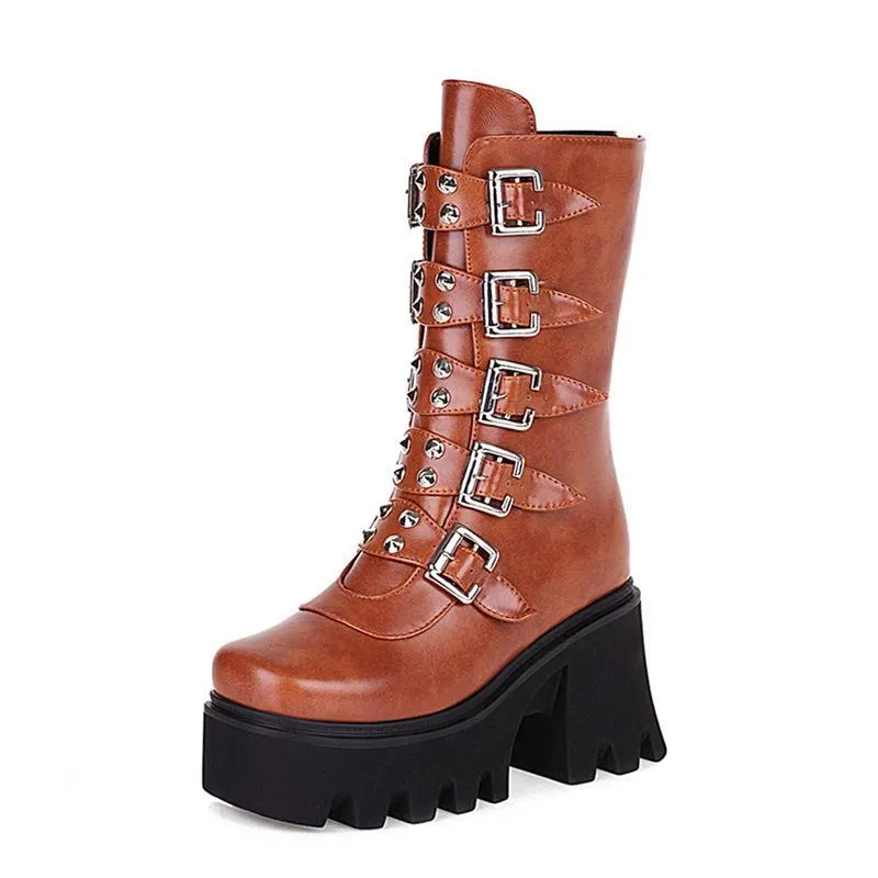 Women mid calf buckle strap chunky platform motorcycle boots