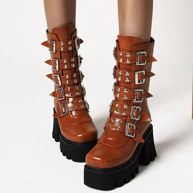 Women mid calf buckle strap chunky platform motorcycle boots