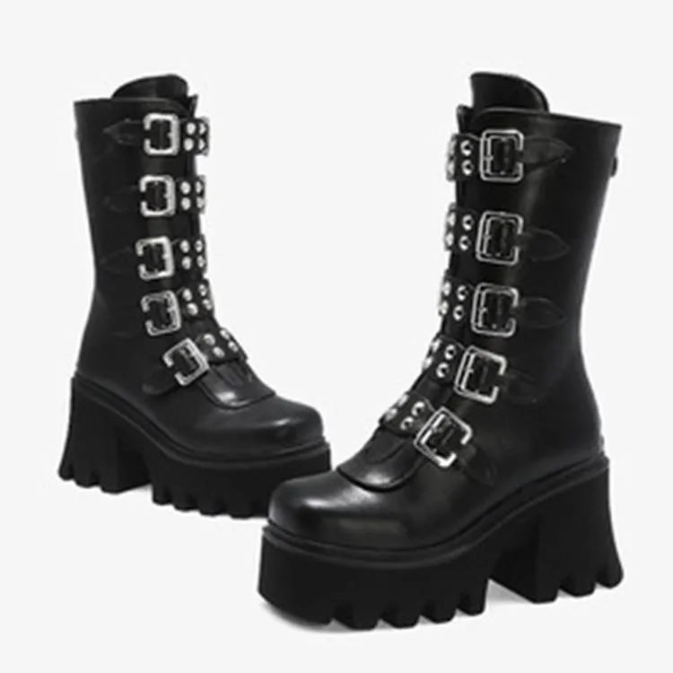 Women mid calf buckle strap chunky platform motorcycle boots