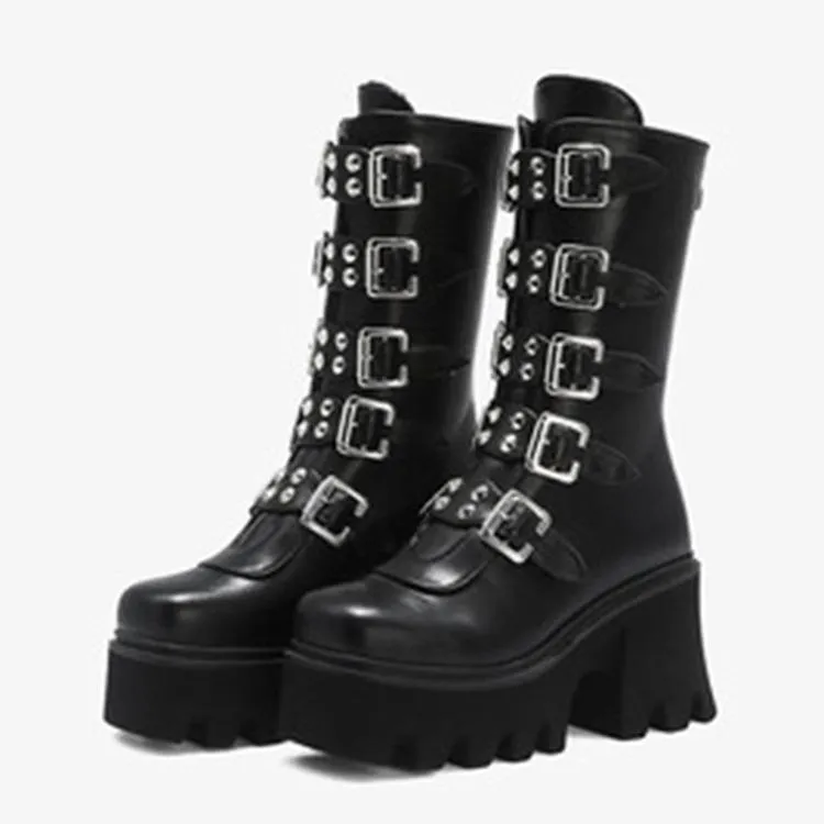 Women mid calf buckle strap chunky platform motorcycle boots