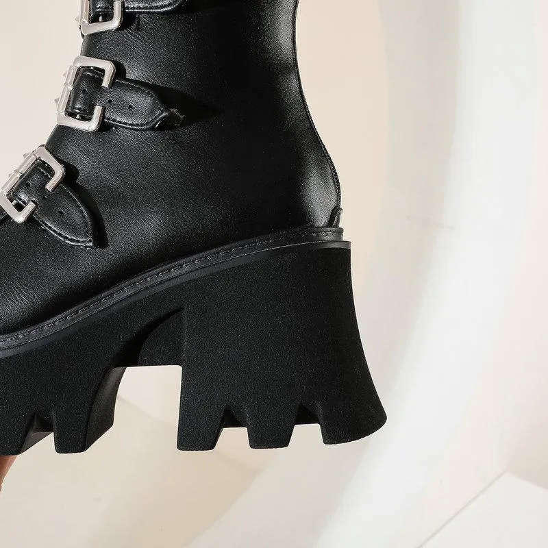 Women mid calf buckle strap chunky platform motorcycle boots