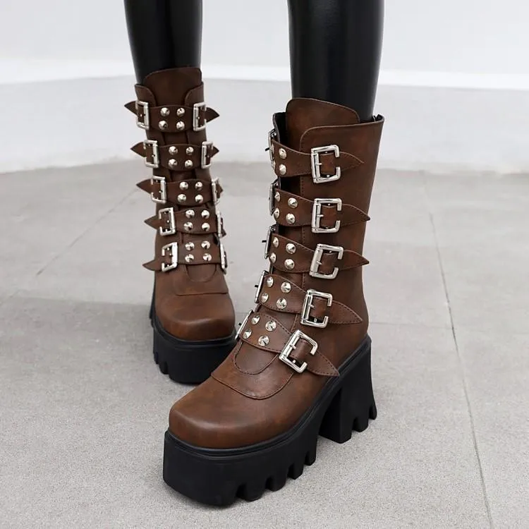 Women mid calf buckle strap chunky platform motorcycle boots