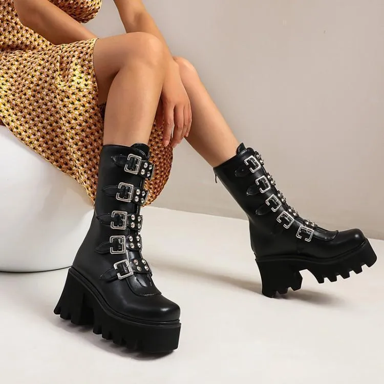 Women mid calf buckle strap chunky platform motorcycle boots