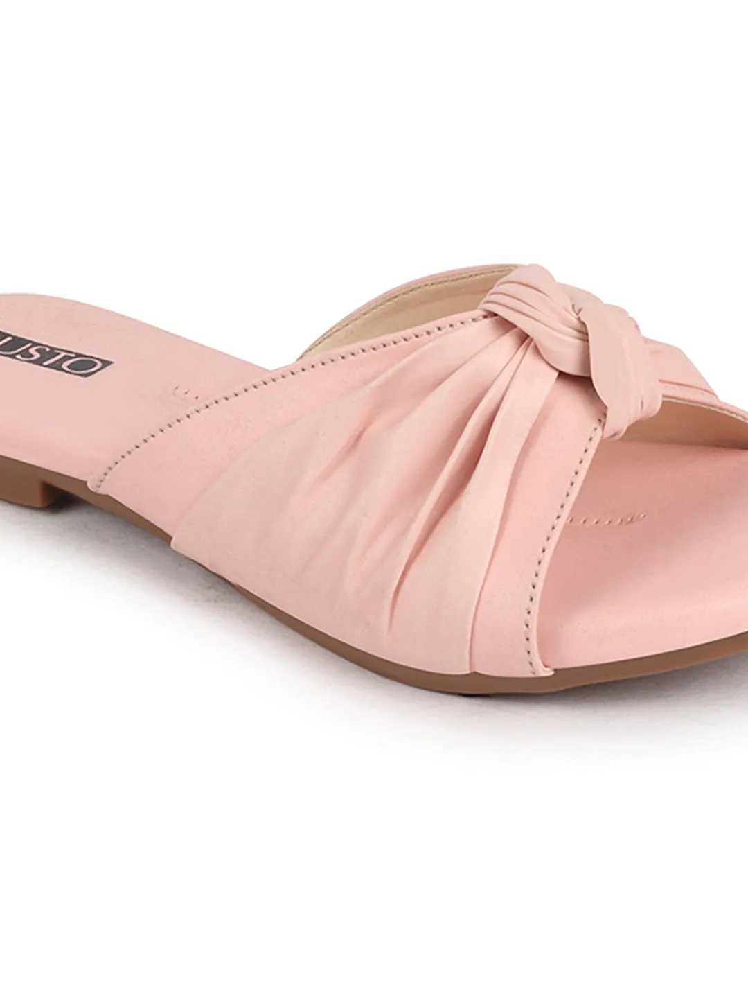 Women Pink Bow Design Open Toe Slip On Flats Slippers