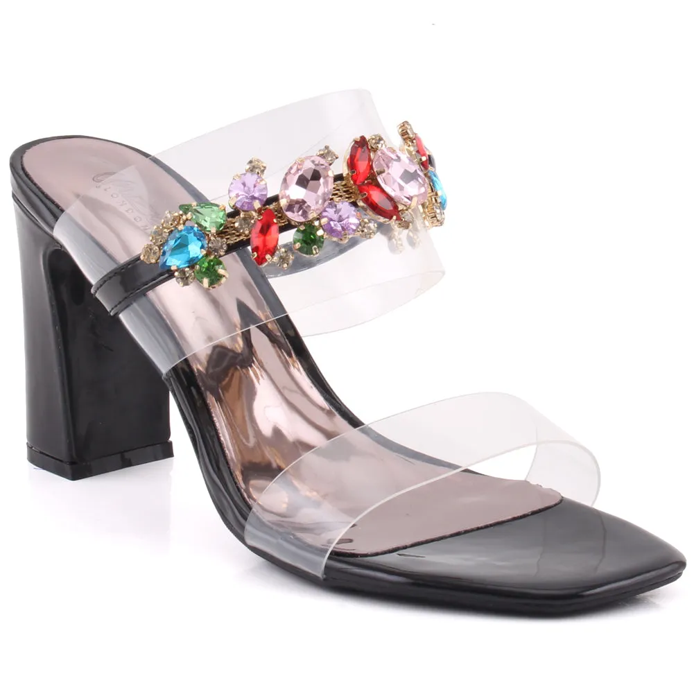 Women "FANIA" Transparent Strap Embellished Slide Block Heel Sandals