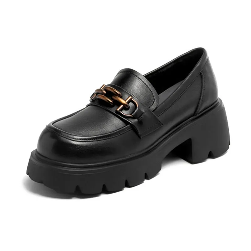 Women Retro Chain Leather Chunky Platform Loafers