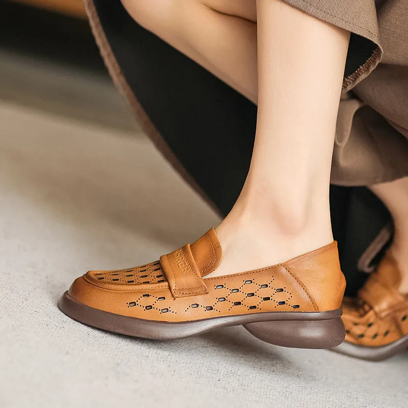 Women Retro Minimalist Hollow Leather Casual Loafers