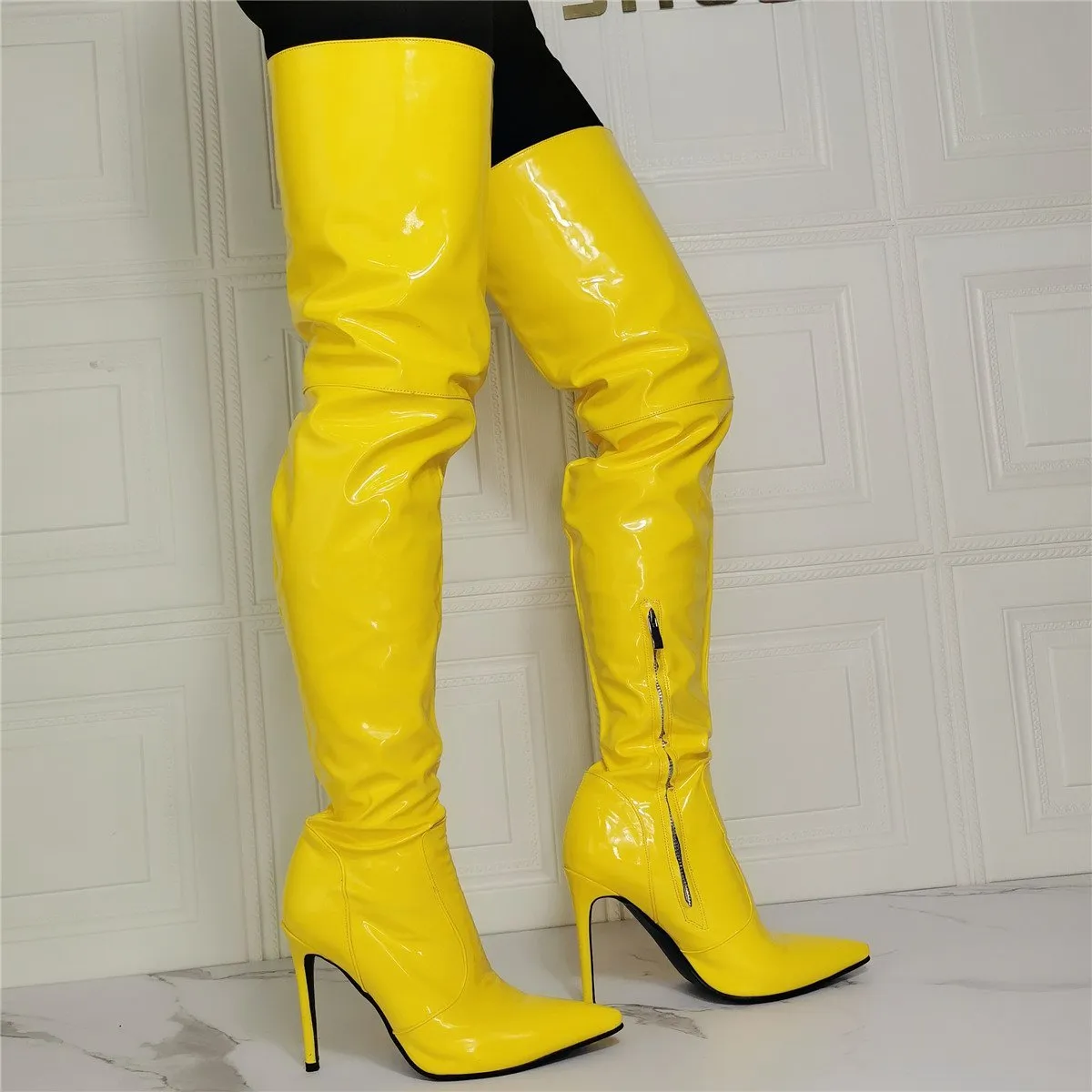 Women sexy yellow stiletto heel pointed toe thigh high boots