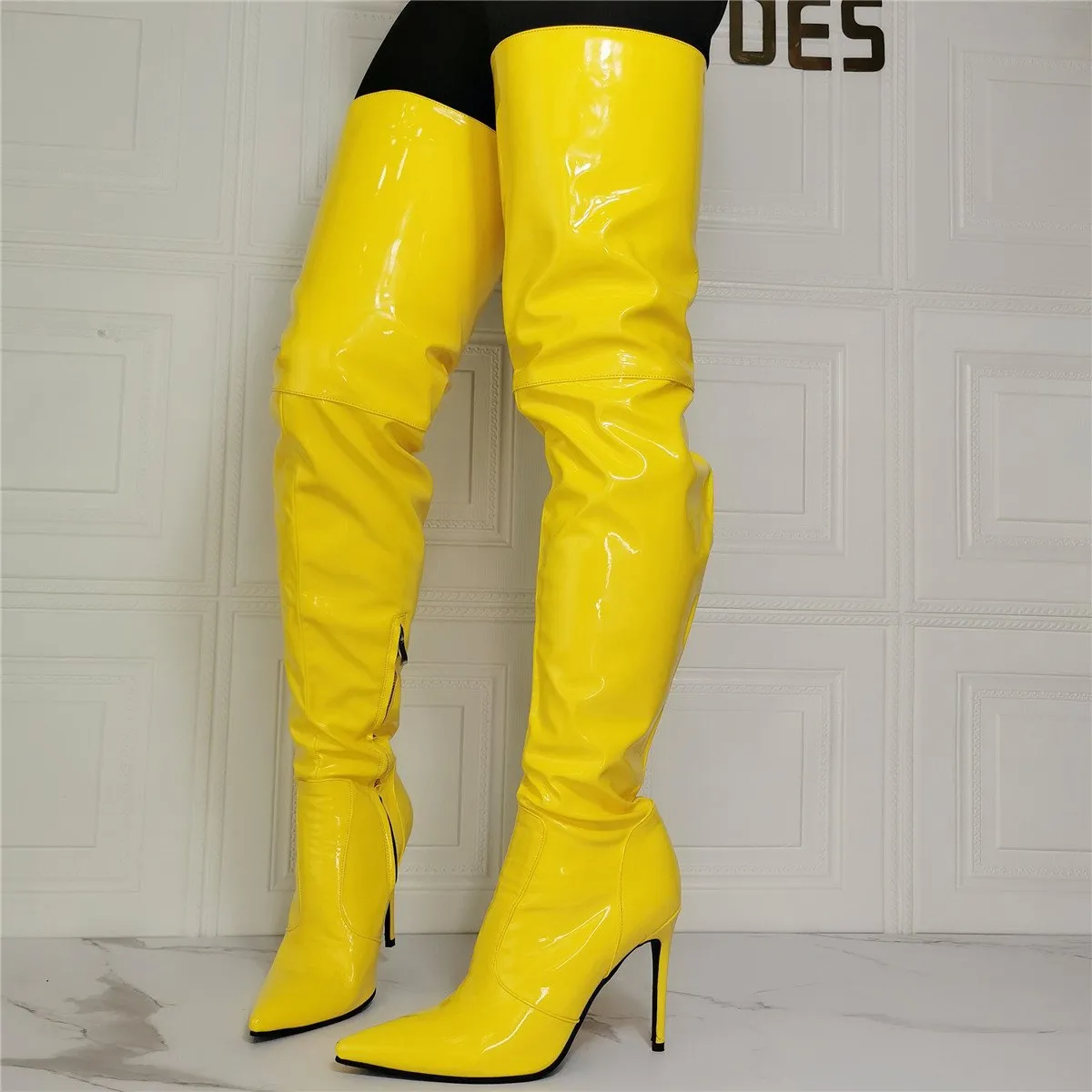 Women sexy yellow stiletto heel pointed toe thigh high boots