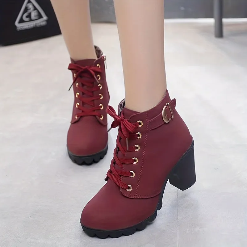 Women's Block Heeled Short Boots, Casual Lace Up Side Zipper Boots, Comfortable Ankle Boots