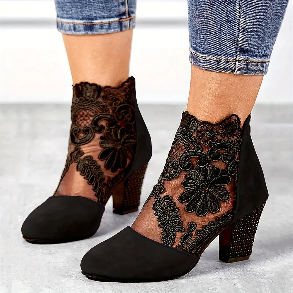 Women's Floral Lace Ankle Boots, Fashionable Pointed Toe Chunky Heeled Boots, Versatile High Heeled Boots