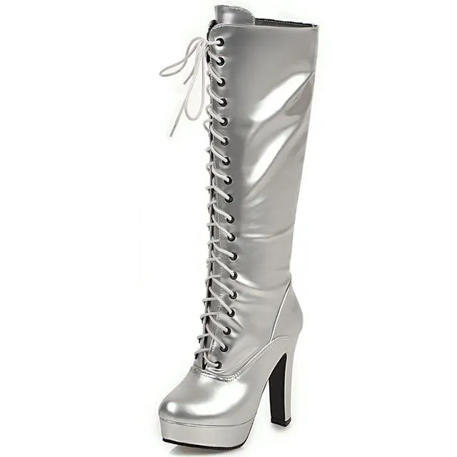 Women's knee high metallic platform high heeled combat boots with zipper