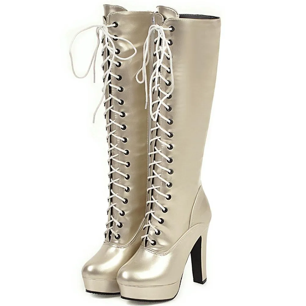 Women's knee high metallic platform high heeled combat boots with zipper