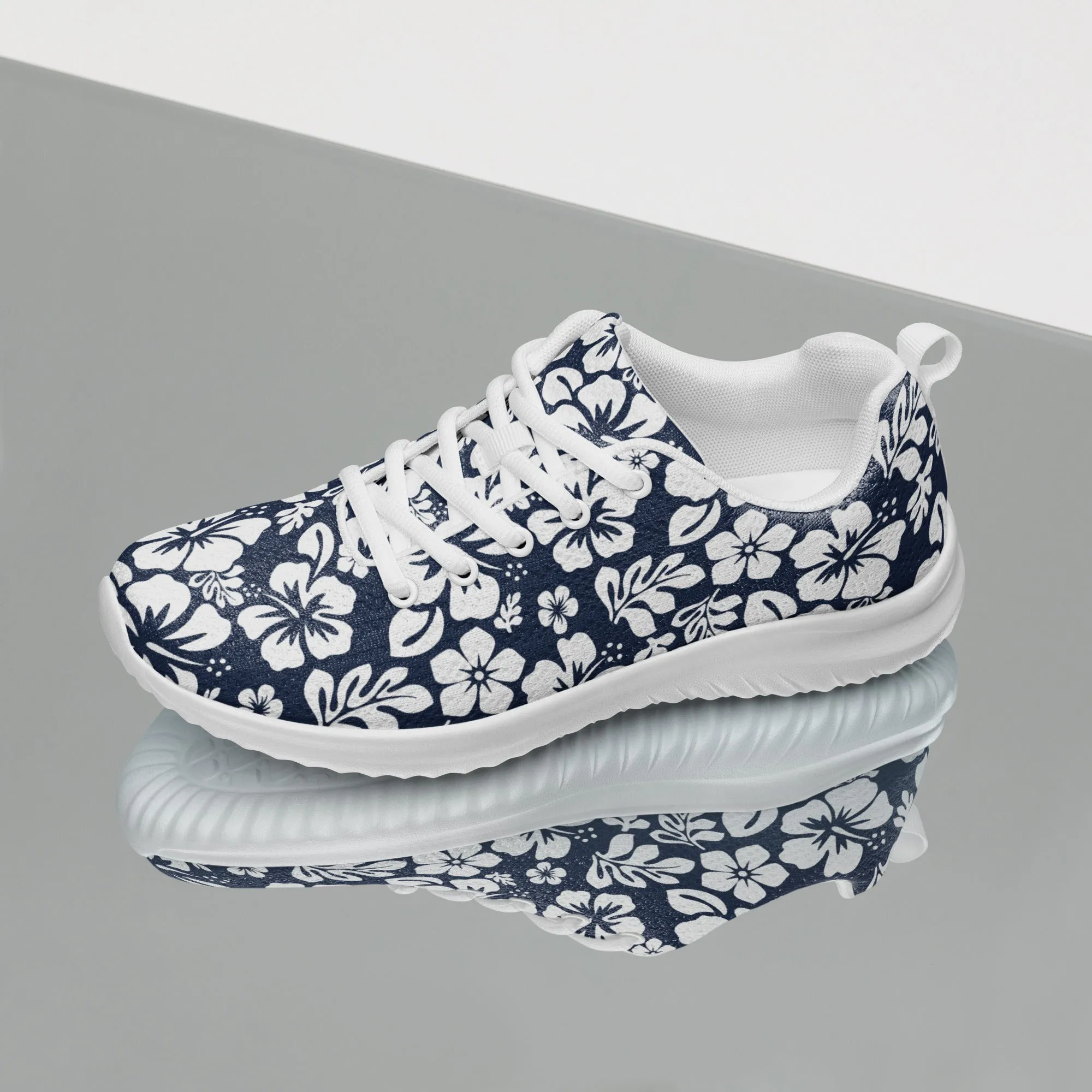 Women’s Navy Blue and White Hawaiian Flowers Athletic Shoes