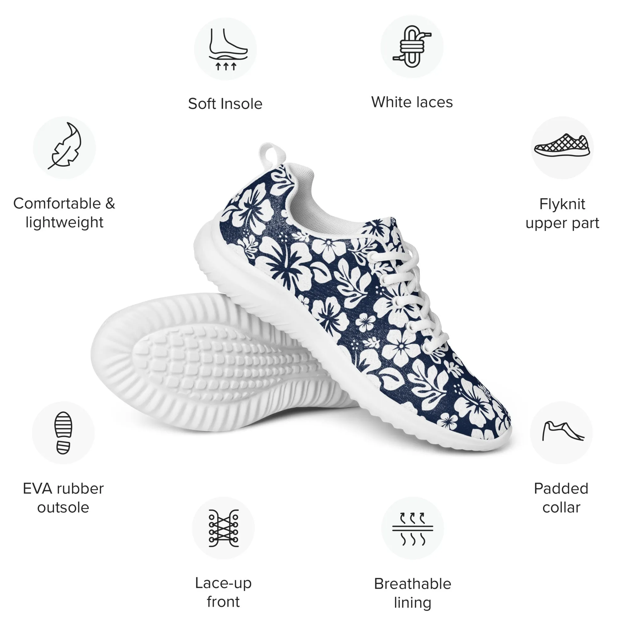 Women’s Navy Blue and White Hawaiian Flowers Athletic Shoes