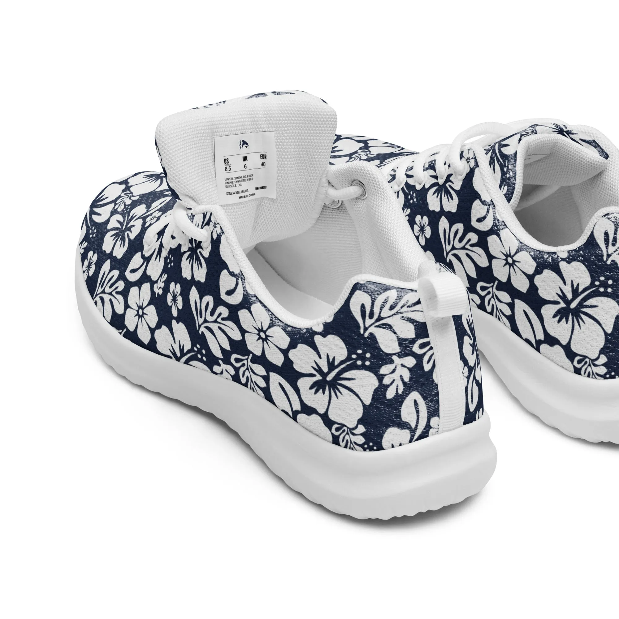 Women’s Navy Blue and White Hawaiian Flowers Athletic Shoes