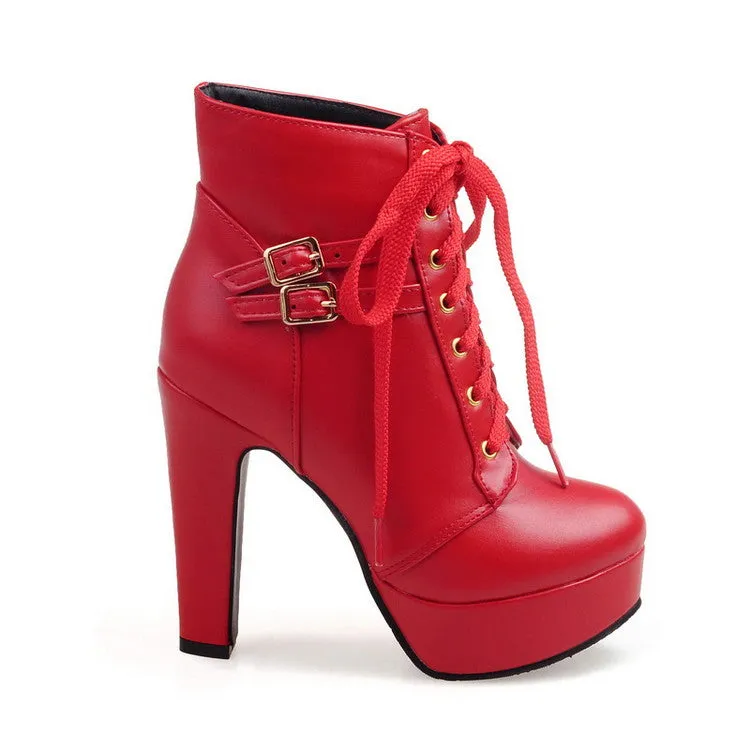 Women's Pu Leather Almond Toe Lace Up Buckle Straps Block Chunky Heel Platform Short Boots