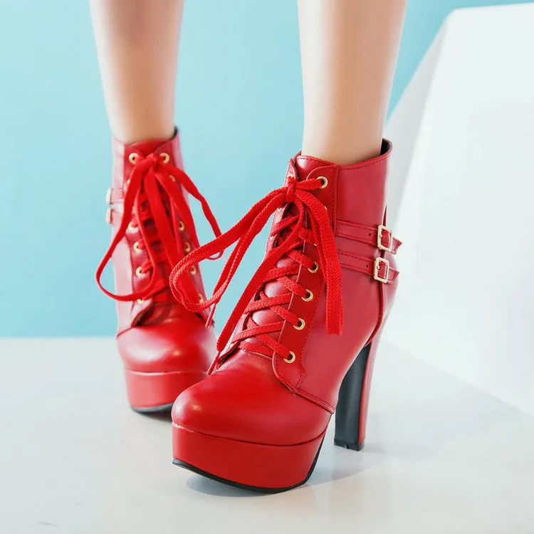 Women's Pu Leather Almond Toe Lace Up Buckle Straps Block Chunky Heel Platform Short Boots