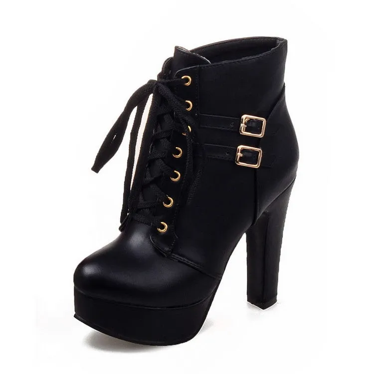 Women's Pu Leather Almond Toe Lace Up Buckle Straps Block Chunky Heel Platform Short Boots