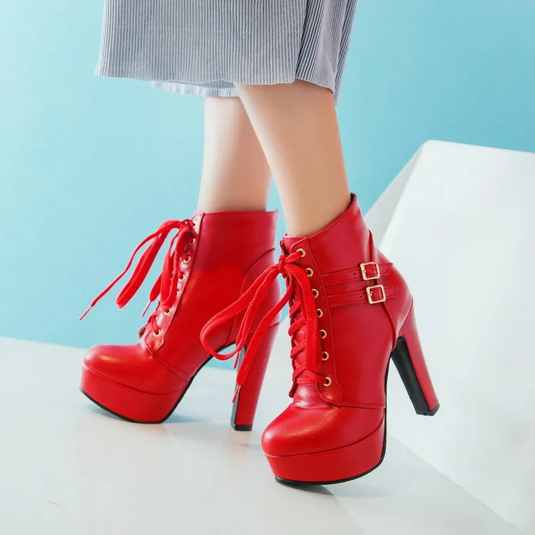 Women's Pu Leather Almond Toe Lace Up Buckle Straps Block Chunky Heel Platform Short Boots