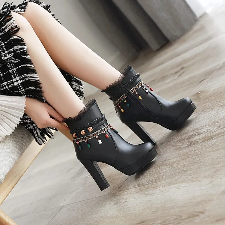 Women's Pu Leather Ethnic Tassel Lace Chunky Heel Platform Ankle Boots