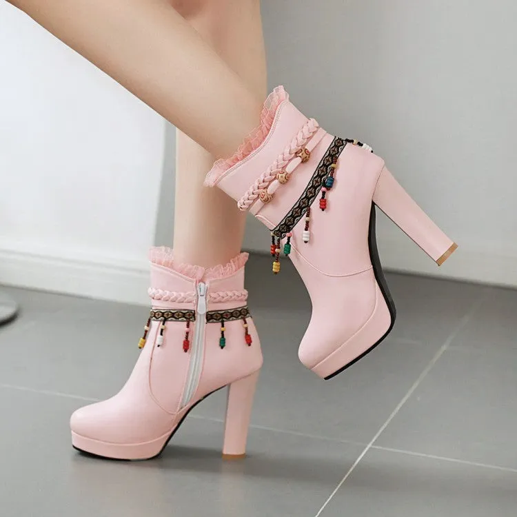 Women's Pu Leather Ethnic Tassel Lace Chunky Heel Platform Ankle Boots