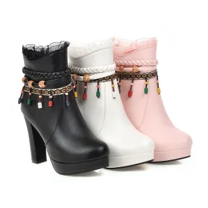 Women's Pu Leather Ethnic Tassel Lace Chunky Heel Platform Ankle Boots