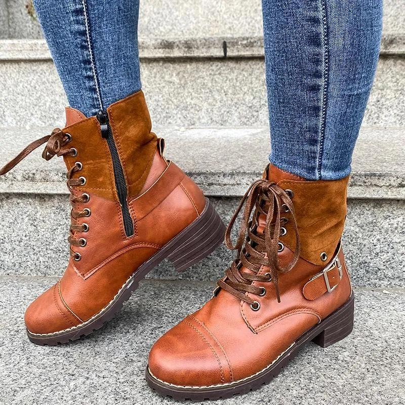 Women's vintage zipper combat boots buckle strap front lace booties