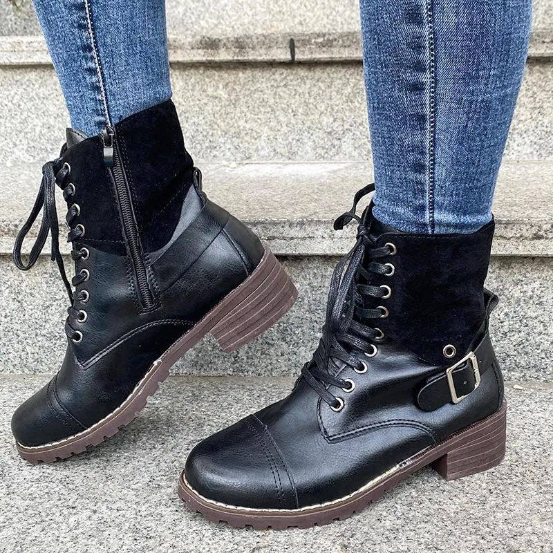 Women's vintage zipper combat boots buckle strap front lace booties