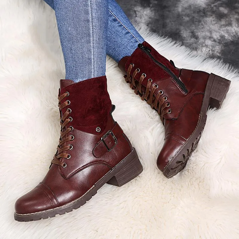 Women's vintage zipper combat boots buckle strap front lace booties