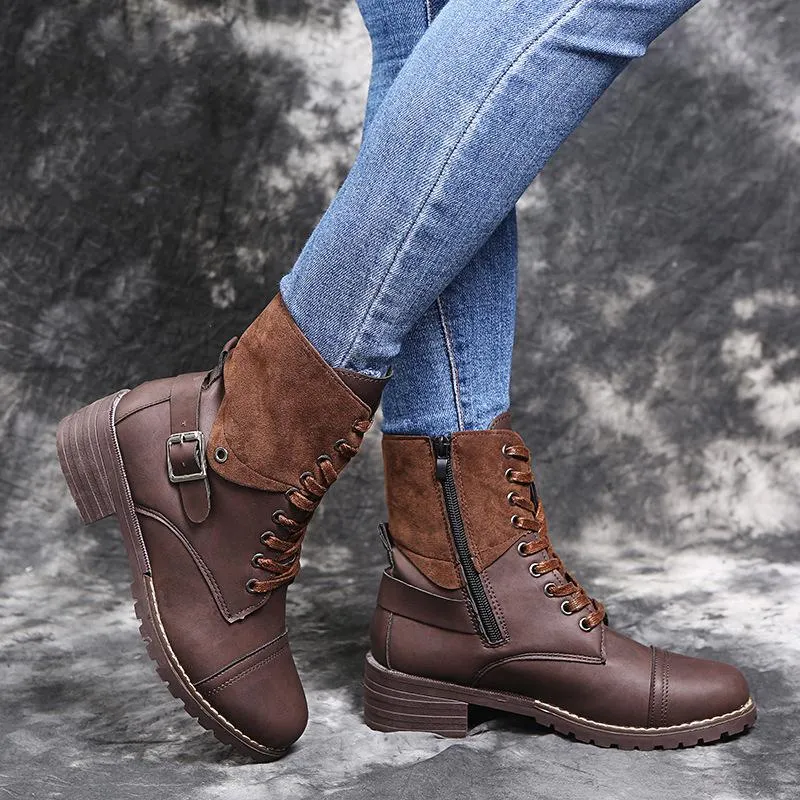 Women's vintage zipper combat boots buckle strap front lace booties