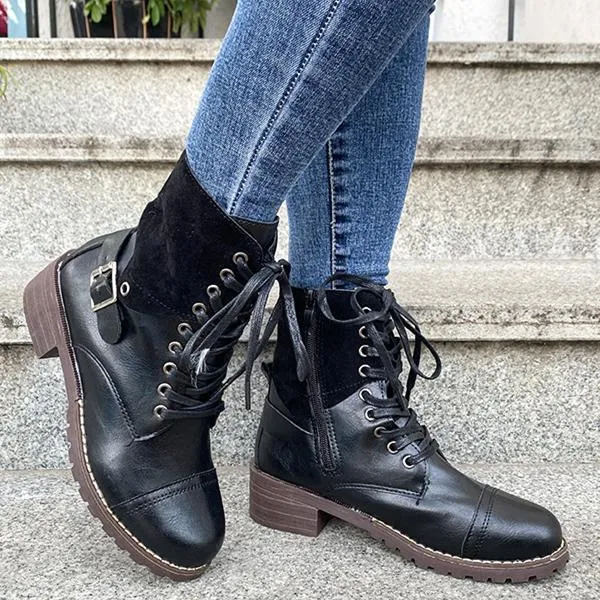 Women's vintage zipper combat boots buckle strap front lace booties