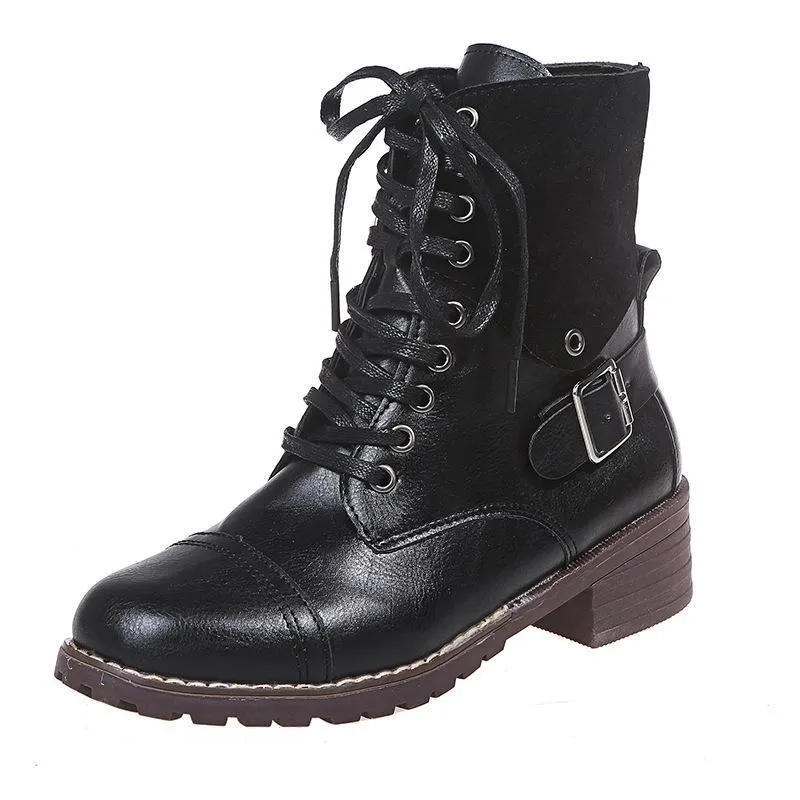 Women's vintage zipper combat boots buckle strap front lace booties