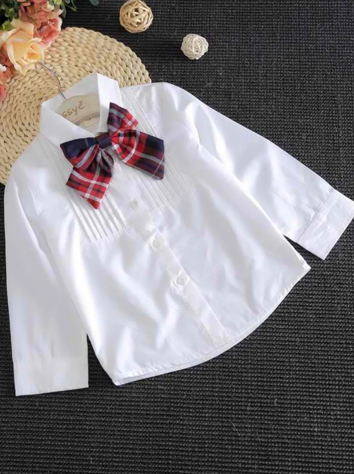 Young Scholar Blouse, Bow Tie, and Plaid Skirt Set