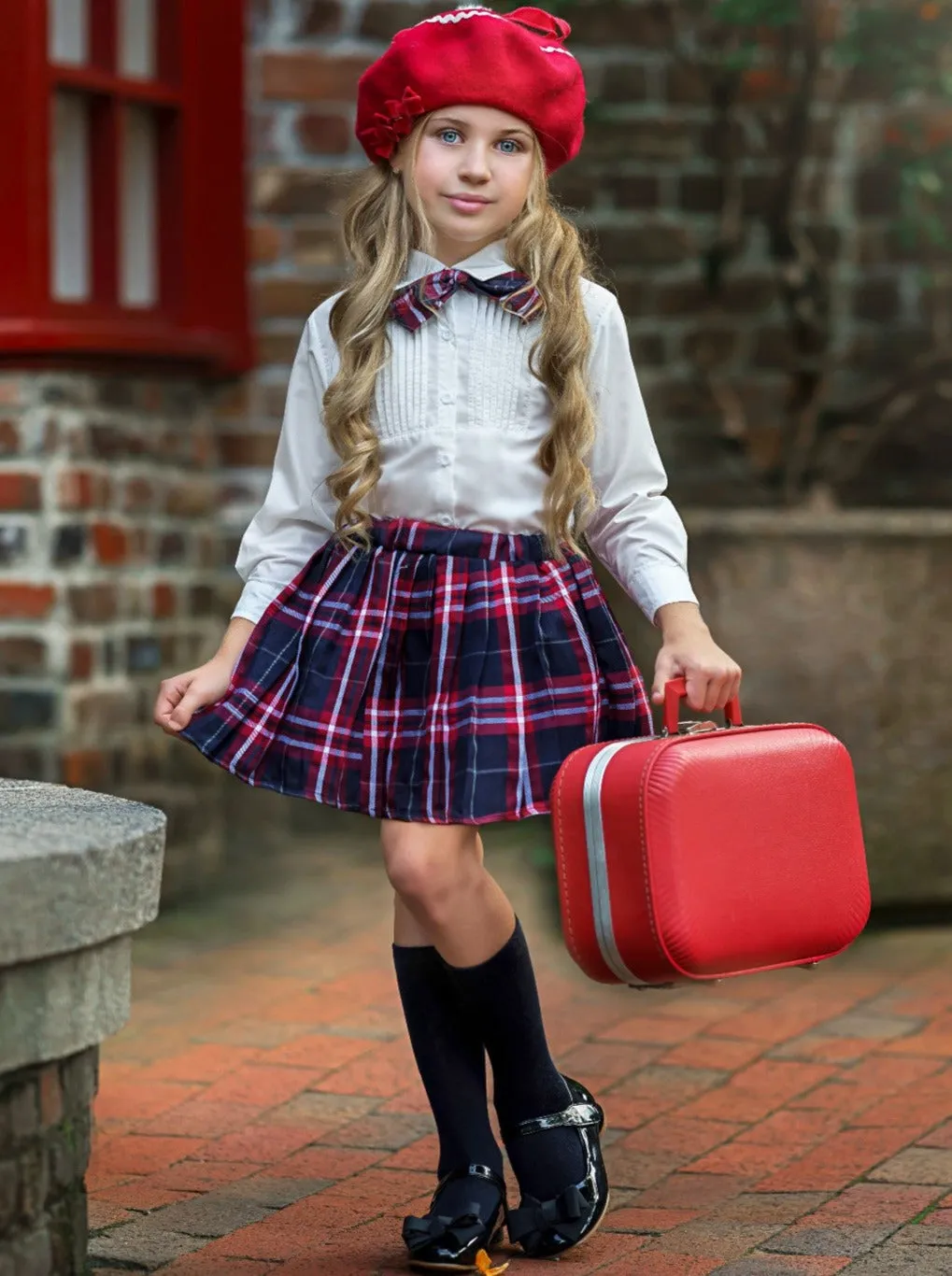 Young Scholar Blouse, Bow Tie, and Plaid Skirt Set