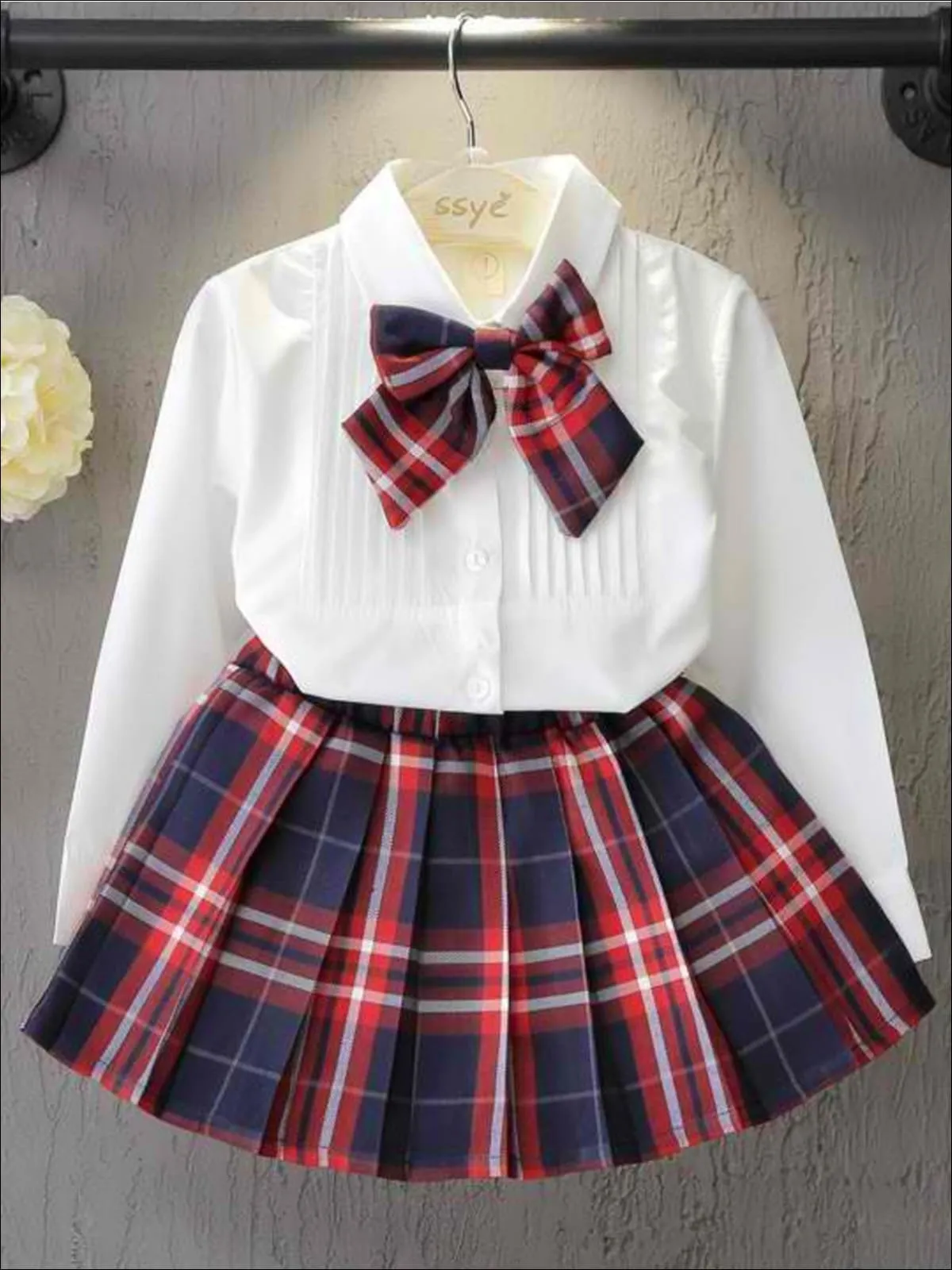 Young Scholar Blouse, Bow Tie, and Plaid Skirt Set