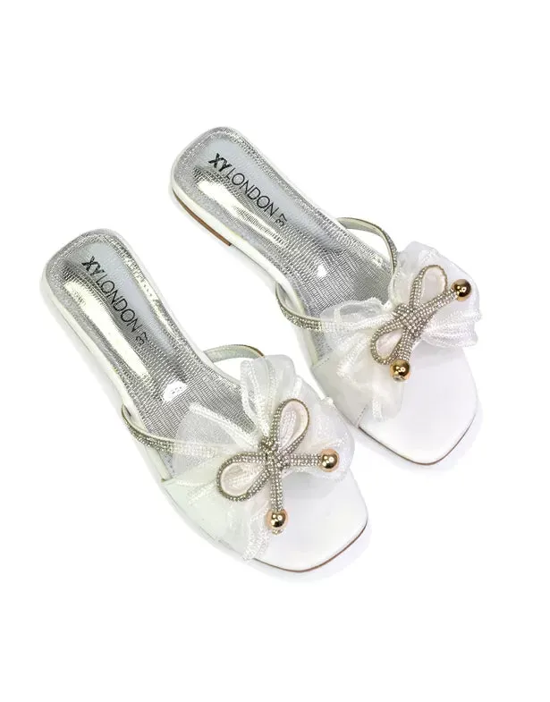 Zendaya Mesh Diamante Bow Flat Sandal Square Toe Bridal Shoes in Gold